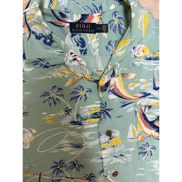 POLO Ralph Lauren Green Deep Sea Fishing Themed Polo Shirt Classic Fit. Sz L - Picture 8 of 16